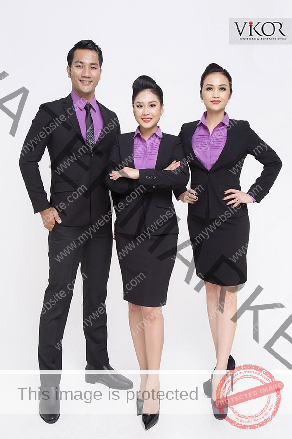May đồng phục công sở tphcm nâng cao thương hiệu cá nhân bằng vest đen kết hợp áo sơ mi tím sang trọng